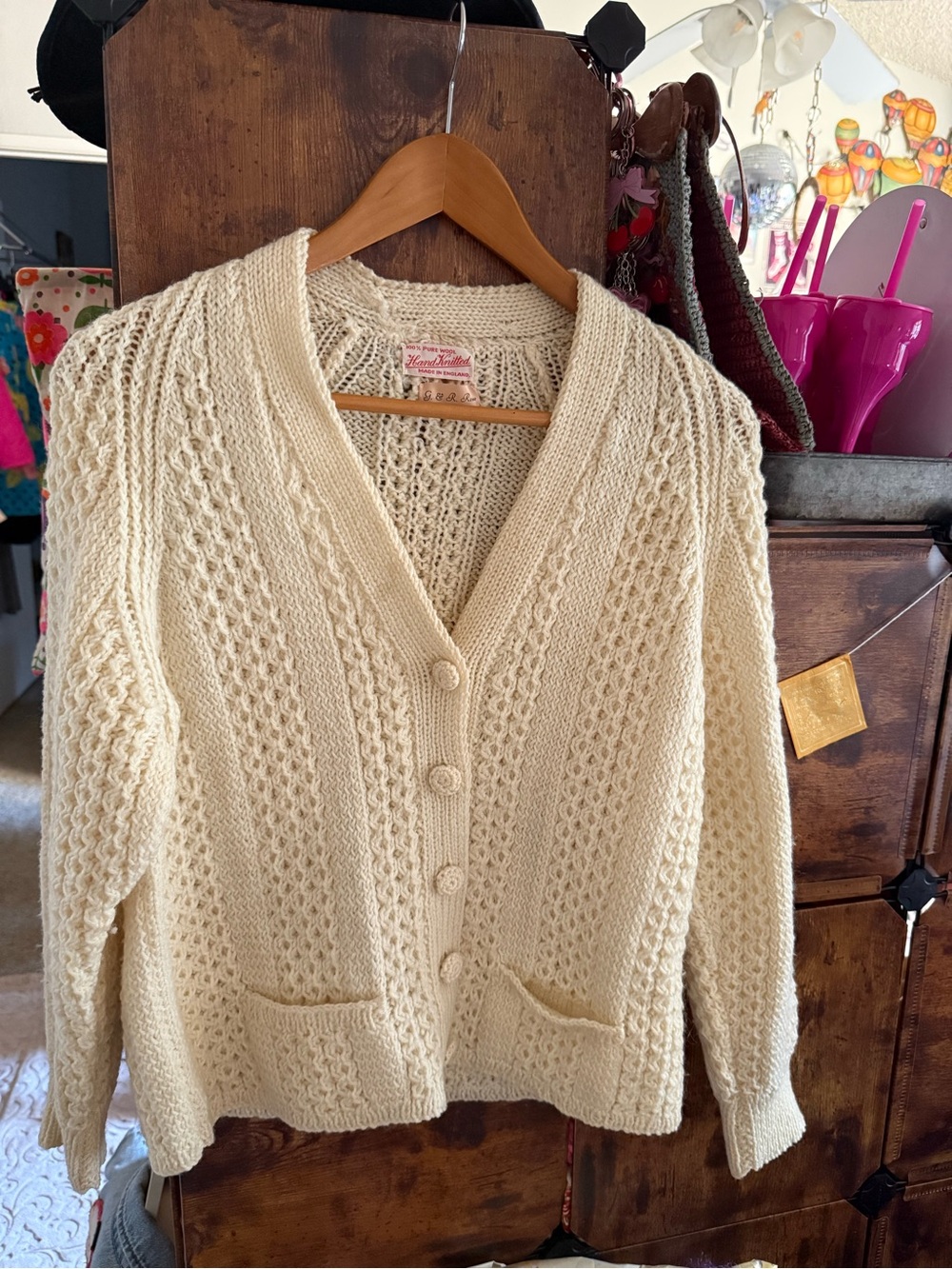 Shetland wool Knit Vintage Cream Button Cardigan Sweater from England